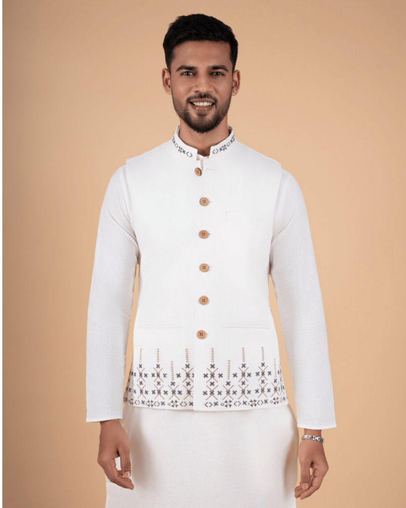 Elegant White Embroidered Koti - Feel Khadi