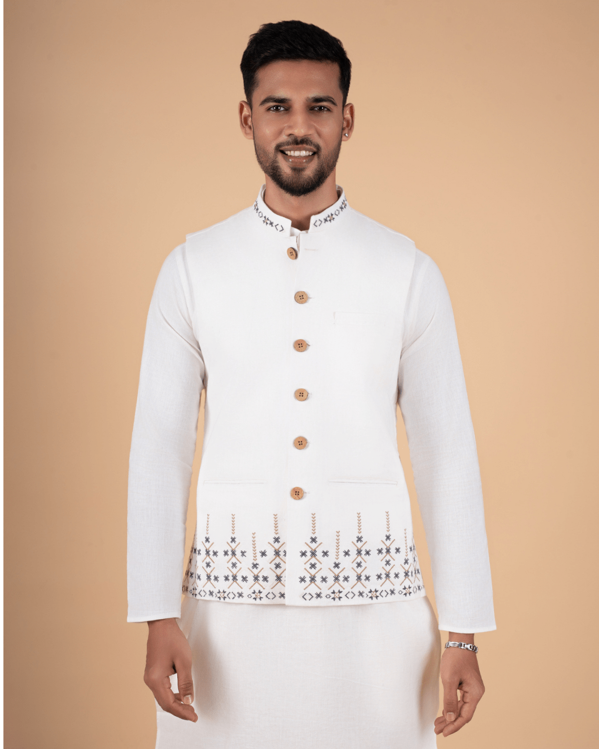 Elegant White Embroidered Koti