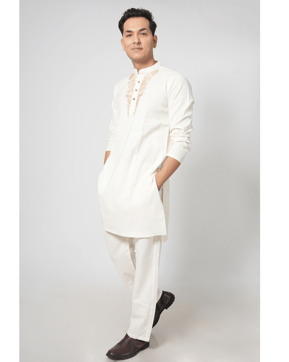 Natural Raw Classic Embroidered Kurta Set - Image 3