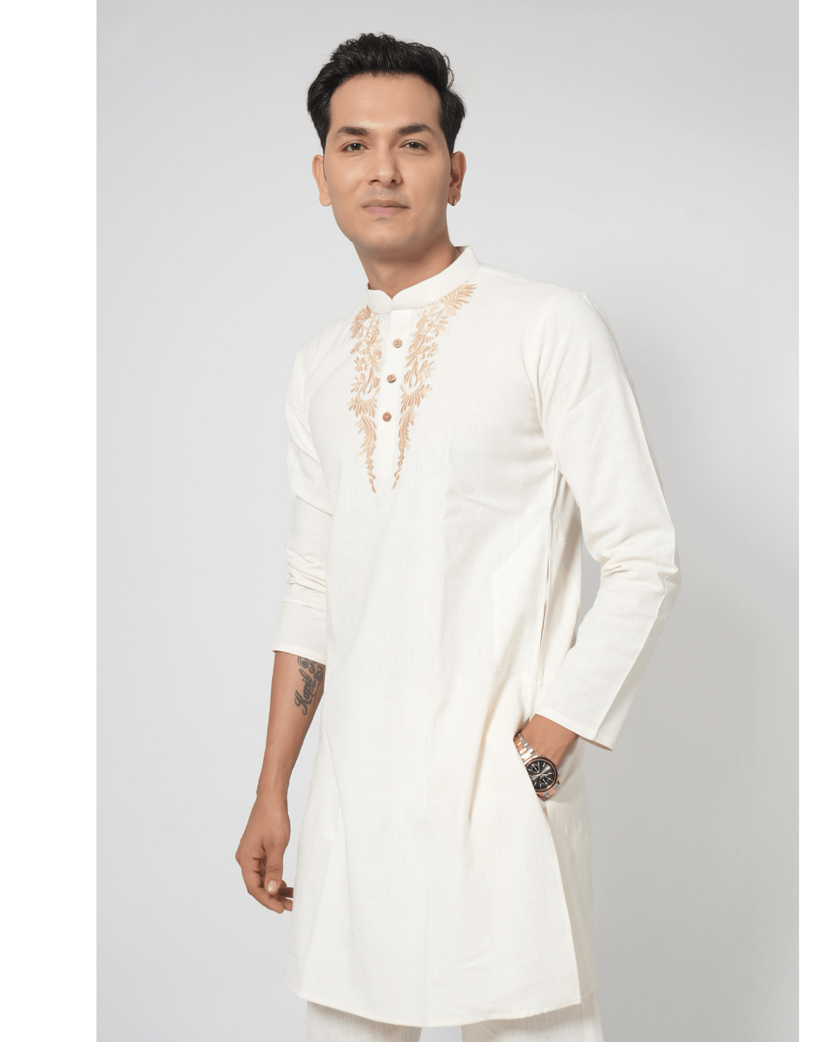 Natural Raw Classic Embroidered Kurta Set - Feel Khadi