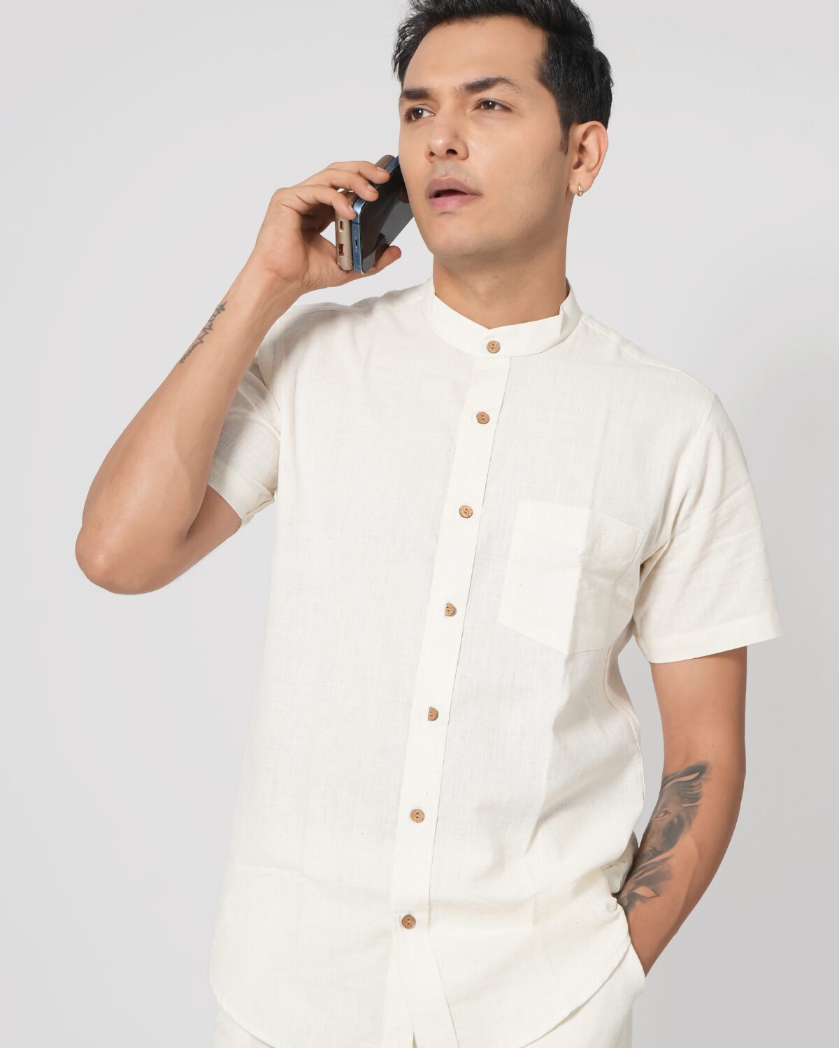 White Stand Collar Pocket Shirt - Image 2