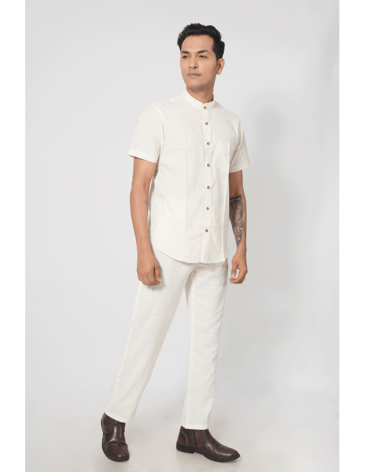 White Stand Collar Pocket Shirt - Feel Khadi