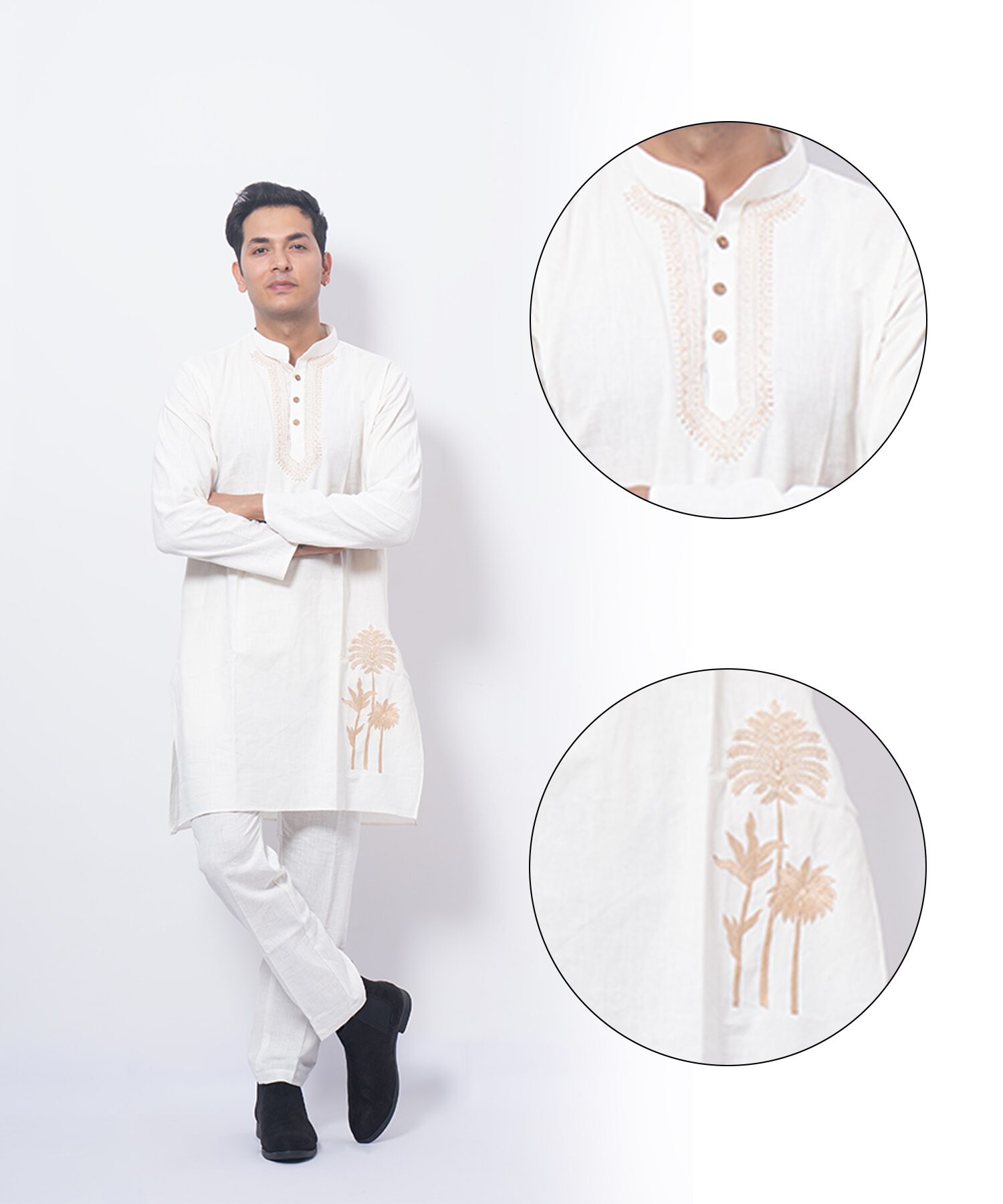 Elegant White Palm Embroidered Kurta Set - Feel Khadi