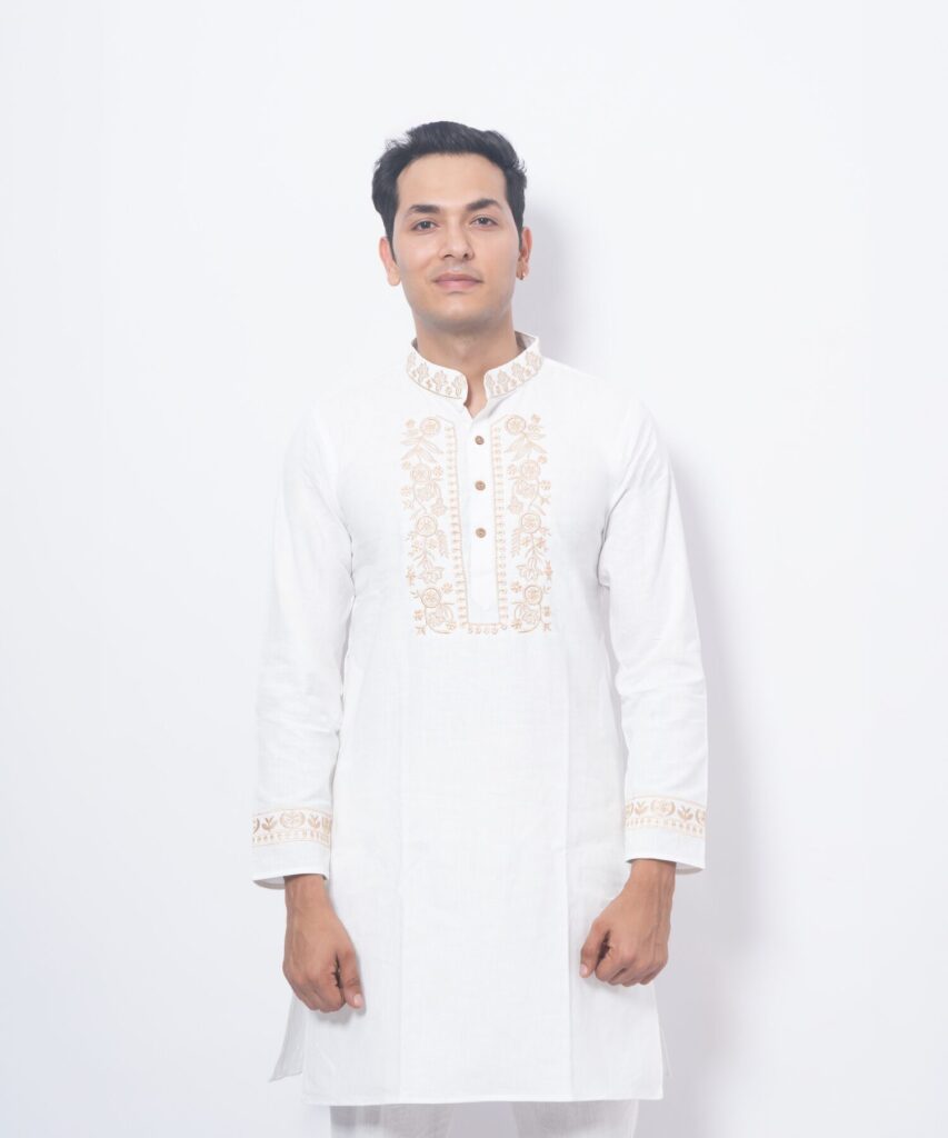 Elegant White Pushp Embroidered Kurta Set - Feel Khadi