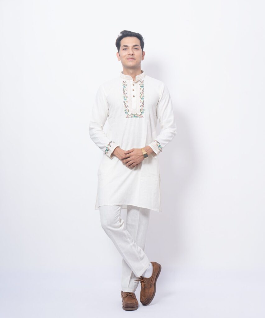 Elegant White Phool Rang Embroidered Kurta Set - Feel Khadi